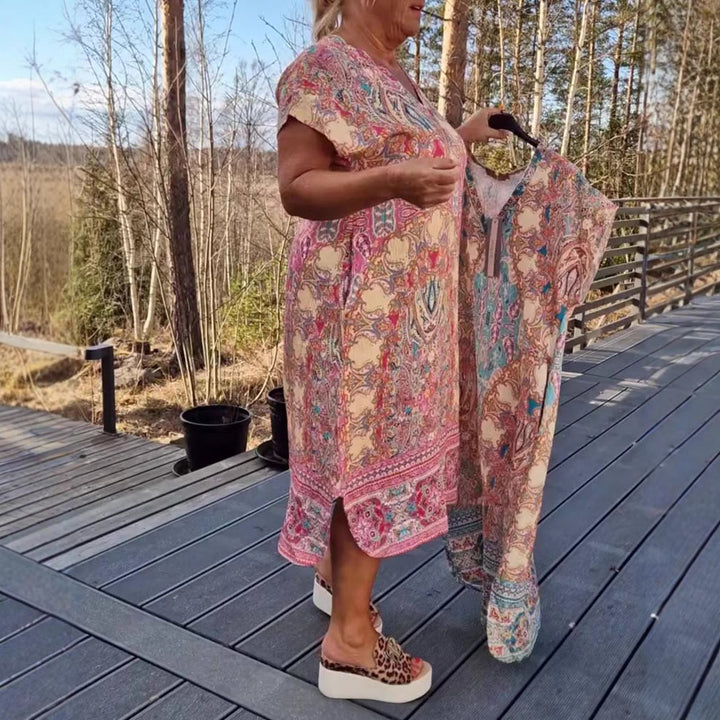 Damen nan fließendes Midikleid im Tunika‑Kaftan‑Mix mit V‑Ausschnitt kurzen Ärmeln lockerer Passform und passendem Pareo Drune