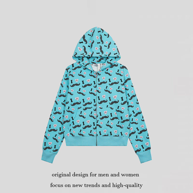 Damen Kurze Kapuzen‑Sweatjacke im Grafik-Print mit Rippbündchen und Kängurutaschen Drune