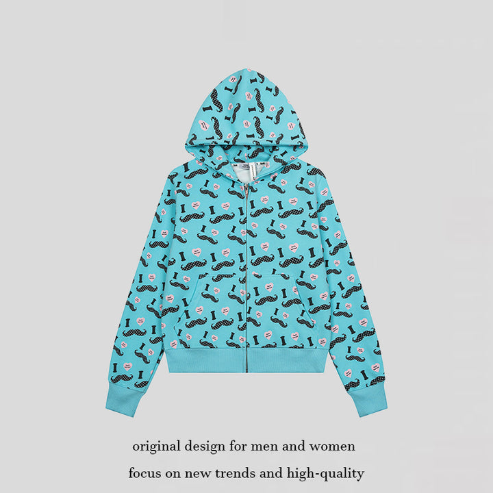 Damen Kurze Kapuzen‑Sweatjacke im Grafik-Print mit Rippbündchen und Kängurutaschen Drune