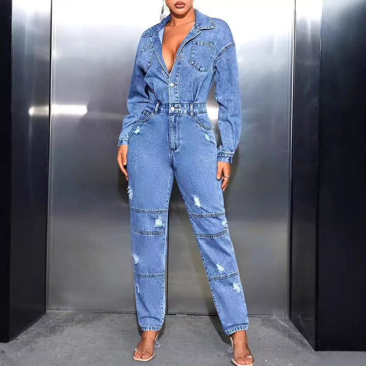 Damen Jeansoverall mit tailliertem Schnitt und modischen Destroyed-Details Drune