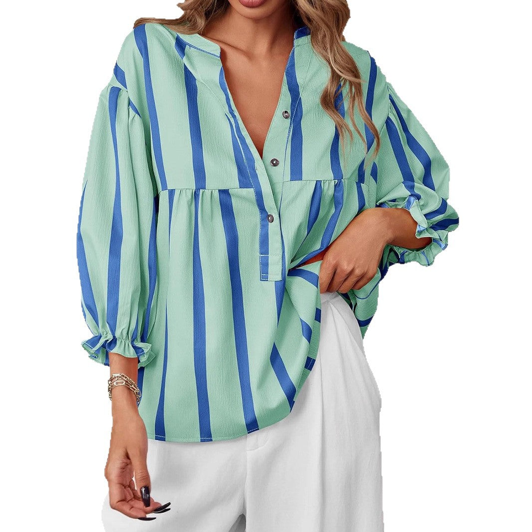Damen oversize Bluse mit Streifenmuster und Knopfleiste Drune