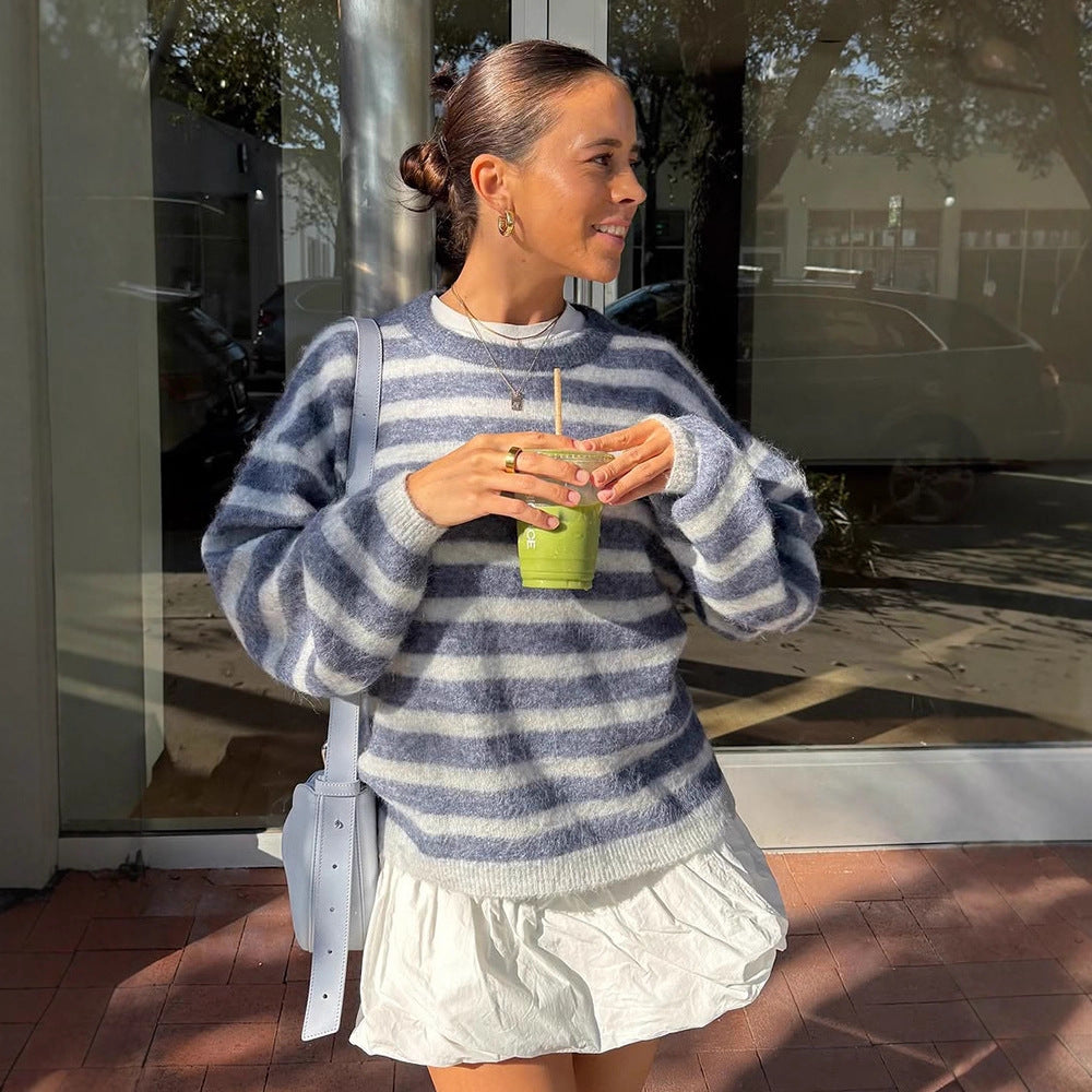 Damen Gestreifter Mohair-Mix Oversize-Pullover mit Ballonärmeln Drune