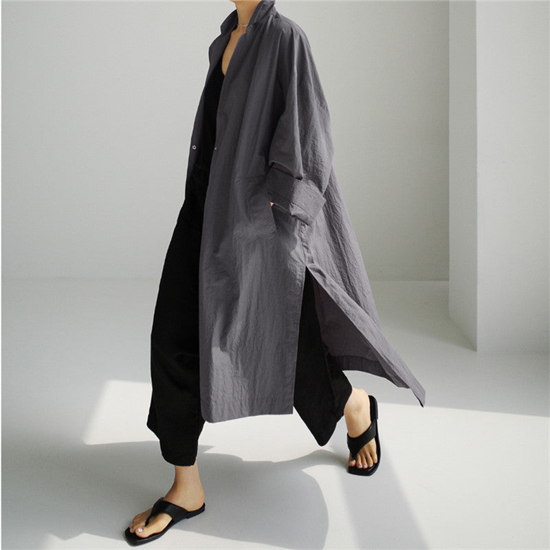 Damen Leichter Long-Duster im Crinkle-Look mit Stehkragen, tiefen Seitenschlitzen und Eingrifftaschen Drune