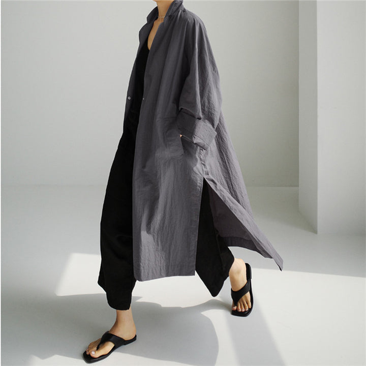 Damen Leichter Long-Duster im Crinkle-Look mit Stehkragen, tiefen Seitenschlitzen und Eingrifftaschen Drune
