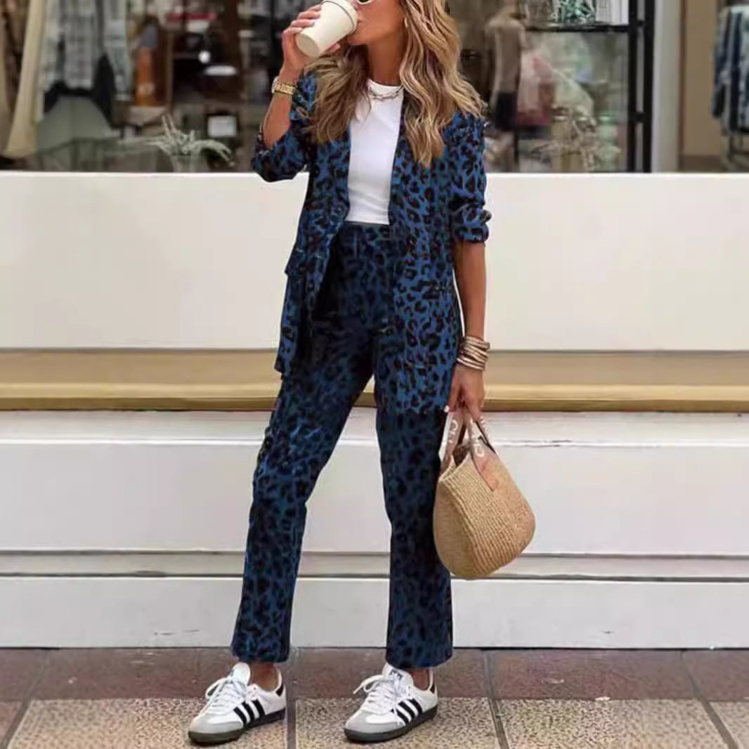 Damen elegantes Leinenanzug-Set im Leopardenmuster mit tailliertem Blazer und geraden Hose Drune