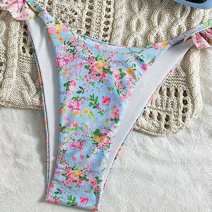 Damen Triangel-Bikini-Set mit floralen Rüschendetails und verstellbaren Trägern Drune
