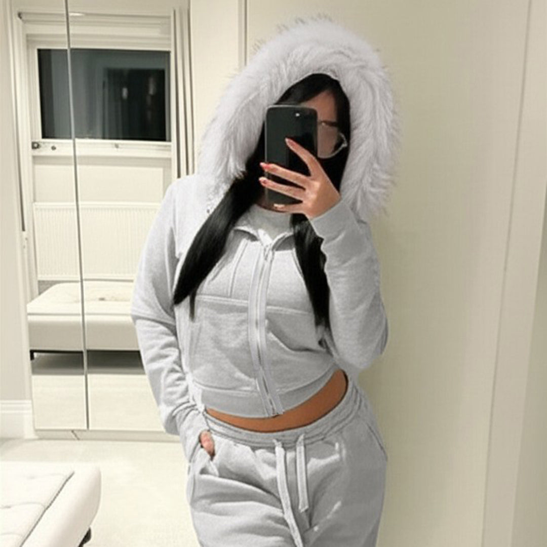 Damen Kurze Kapuzenjacke mit Reißverschluss, tailliertem Cropped-Schnitt und Kunstfellkragen Drune