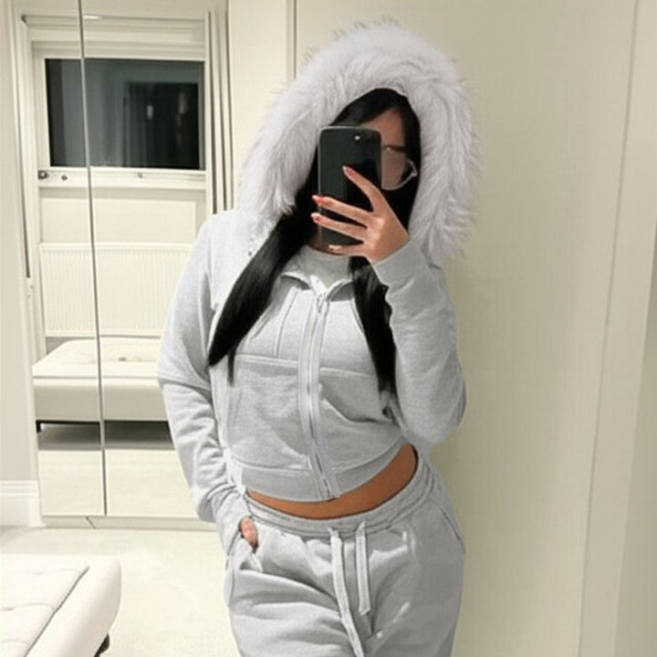 Damen Kurze Kapuzenjacke mit Reißverschluss, tailliertem Cropped-Schnitt und Kunstfellkragen Drune