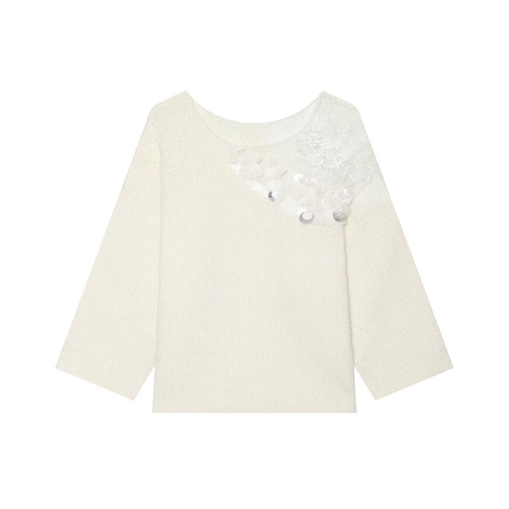 Damen Grobstrick-Pullover mit Rundhalsausschnitt, 3/4-Ärmeln und Pailletten‑Spitzenapplikation Drune