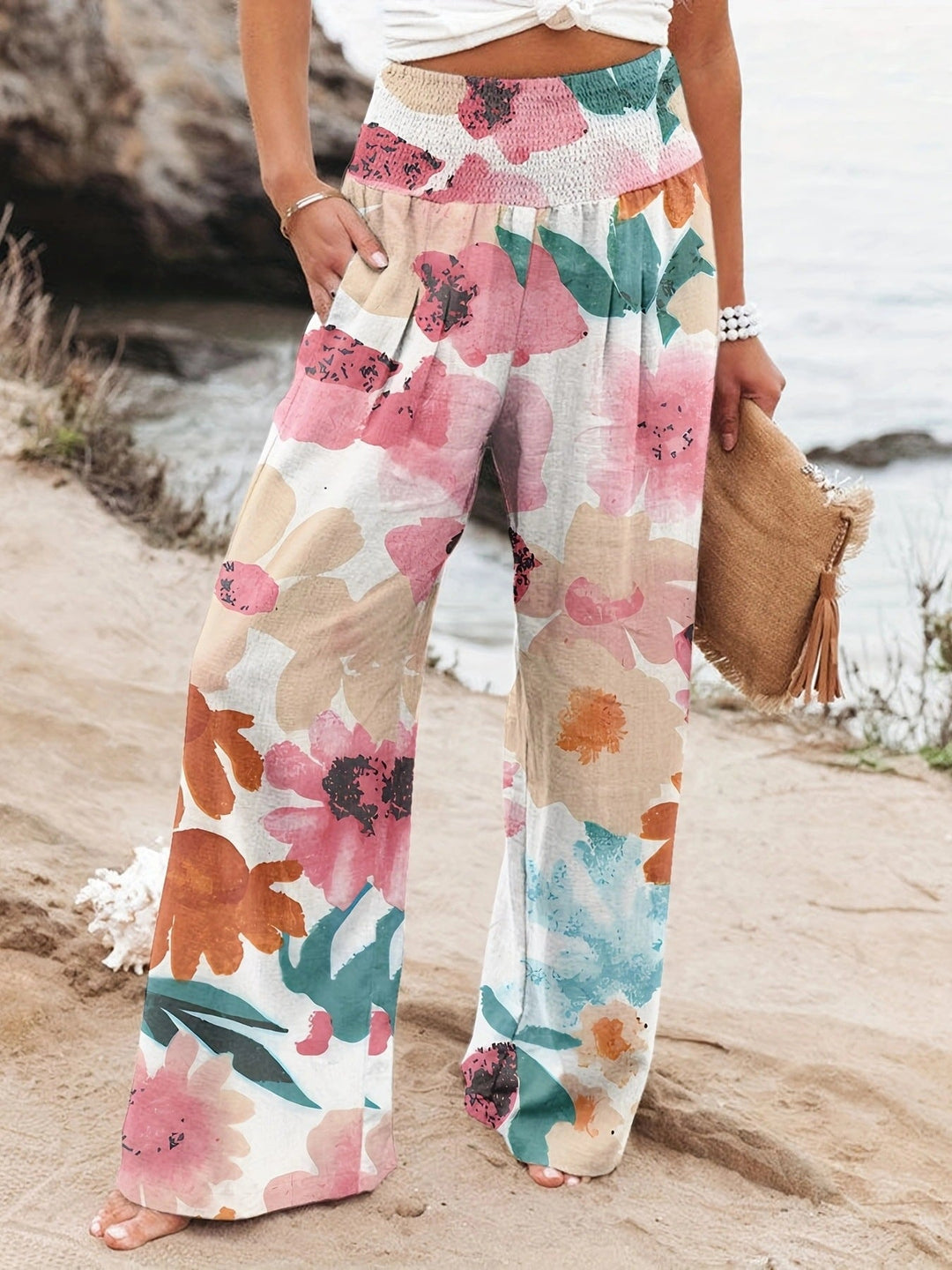 Damen Weit geschnittene Strandhose mit floralem Motiven und elastischem Bund Drune