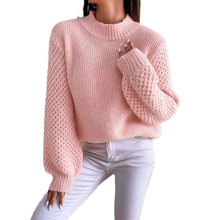 Damen Kurzgeschnitteter Grobstrick-Pullover mit Voluminösen Netzstruktur-Ärmeln und Stehkragen Drune