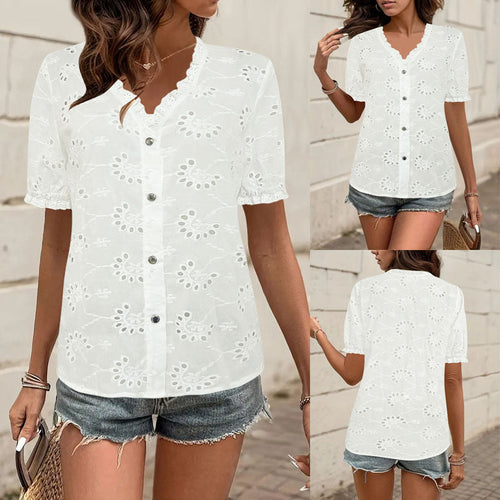 Damen luftiges Blusenshirt mit kunstvollen Lochmustern und Knopfdetails Drune