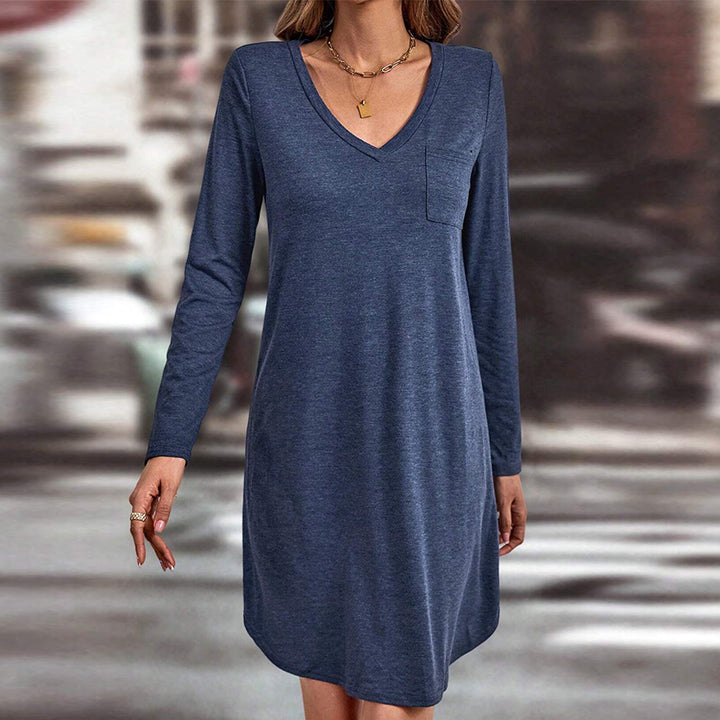 Damen lässiges Jersey-Kleid mit V-Ausschnitt Brusttasche und legerer A-Linie Drune