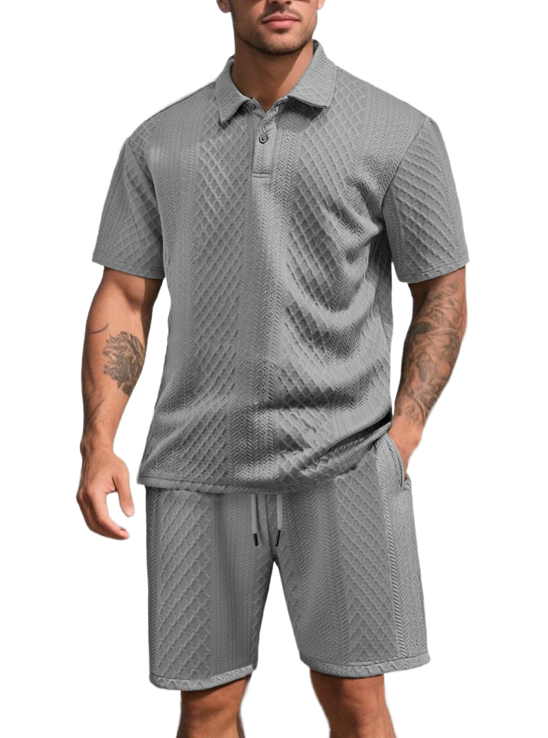 Herren nan dreidimensionales Relief-Freizeit-Set mit Polokragen, verdeckter Knopfleiste und elastischer Tunnelzugshorts Drune