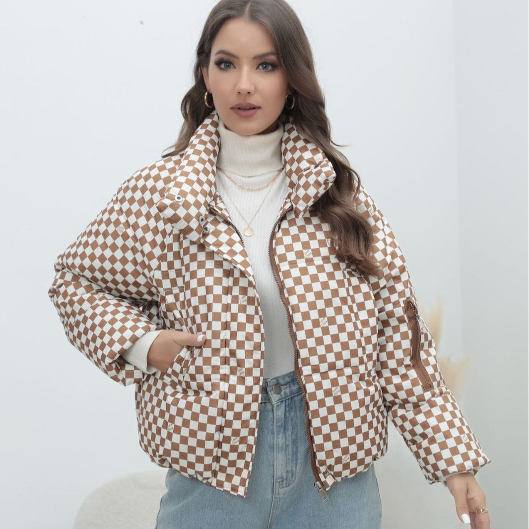Damen Kurzgestepptes Karo-Winterjacke mit Stehkragen und Ärmeltasche Drune