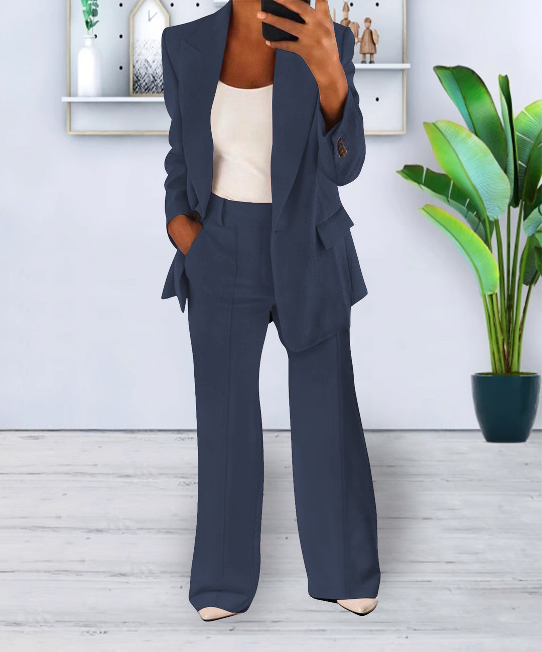 Damen Zweiteiliges Business-Casual Tailoring-Set mit Longline-Blazer und weitem Bundfalten-Hosenbein Drune