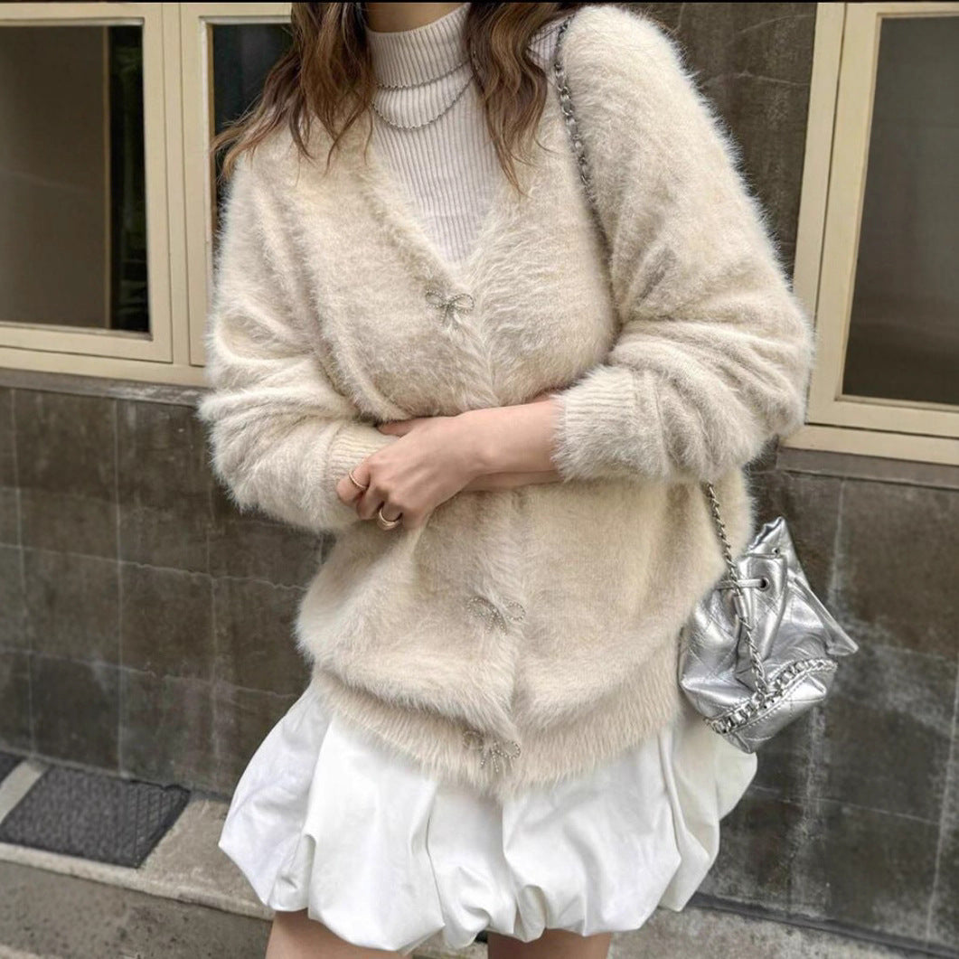 Damen Flauschiger Mohair‑Optik Cardigan mit dekorativen Schleifenverschlüssen Drune