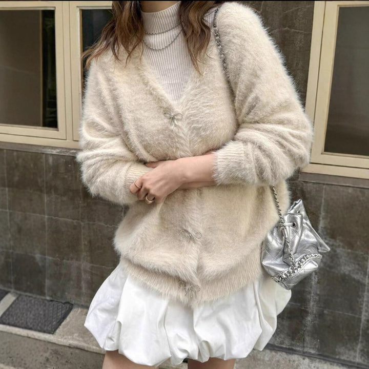 Damen Flauschiger Mohair‑Optik Cardigan mit dekorativen Schleifenverschlüssen Drune