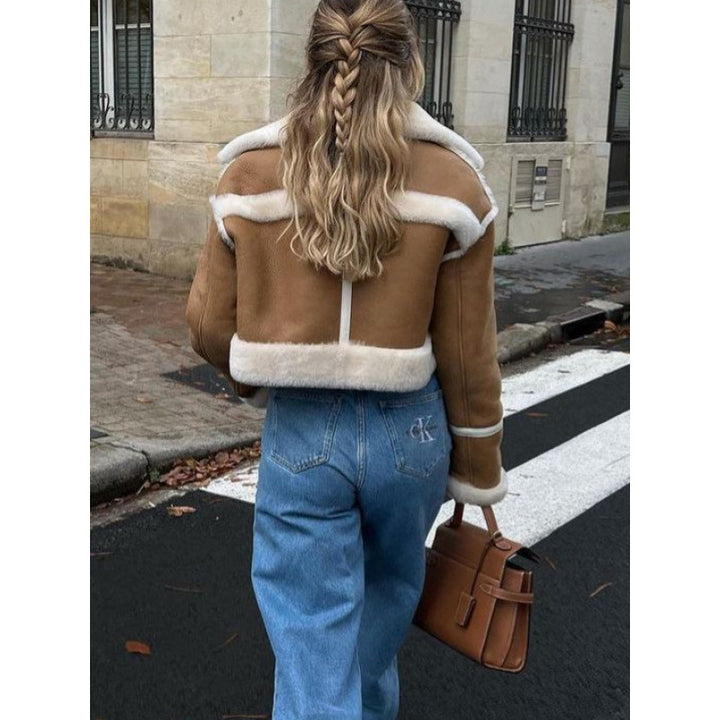 Damen kurze Lederjacke mit kunstpelzbesatz Drune