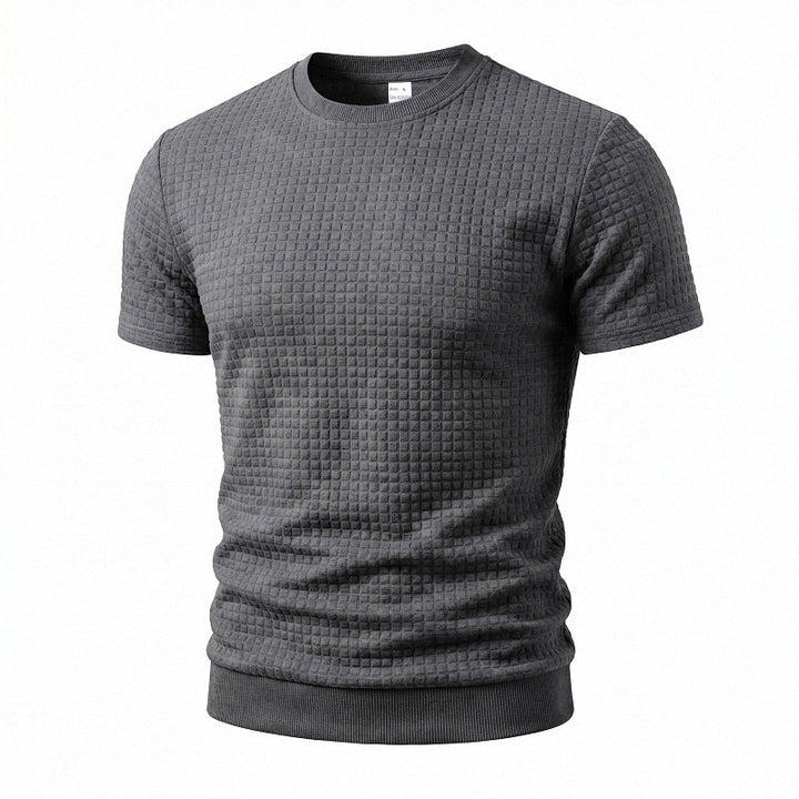 Herren nan kurzärmeliges Strickshirt mit geprägter Karostruktur, Rundhalsausschnitt und geripptem Saum Drune