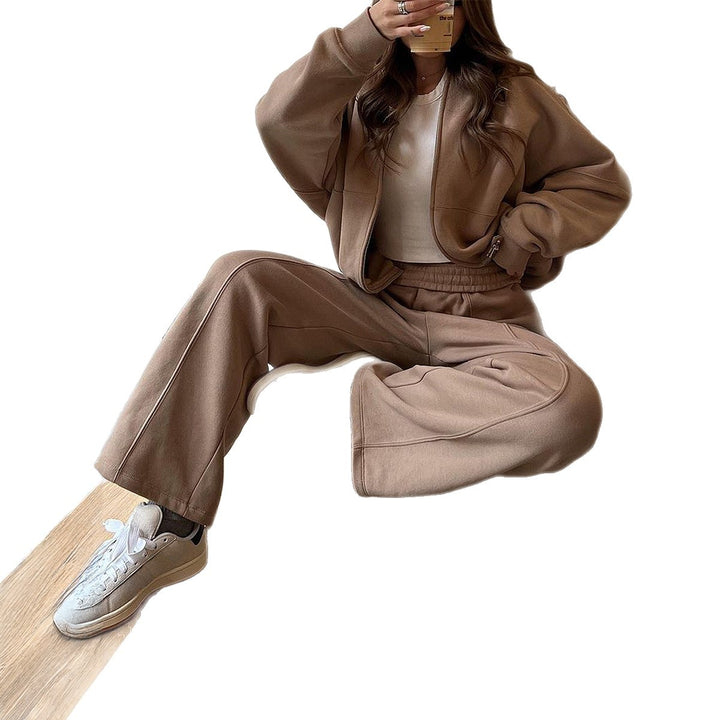 Damen nan Oversize-Zipjacke und hochgeschnittene Palazzohose aus weichem French-Terry Drune
