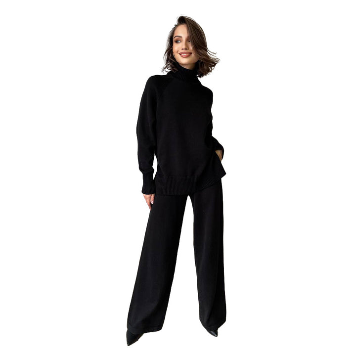 Damen Eleganter Strickanzug mit hohem Kragen und weitem Bein Drune