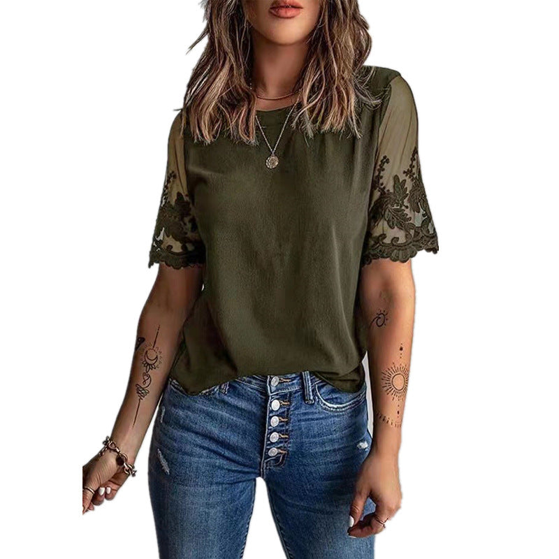 Damen Elegantes T-Shirt mit modischen Spitzenärmeln Drune