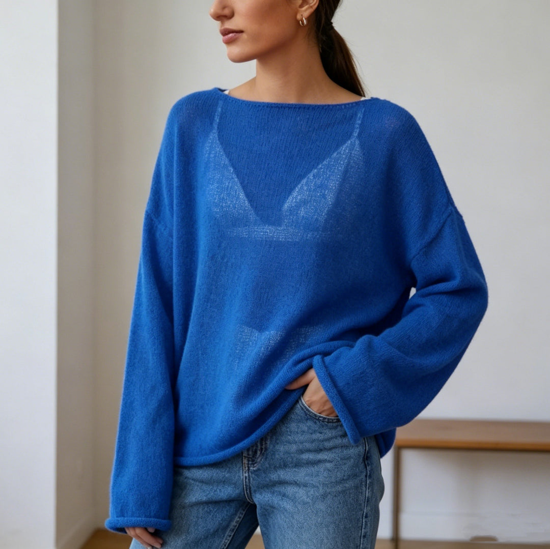 Damen luftiger Oversize-Feinstrickpullover mit weitem Arm und Rundhalsausschnitt Drune