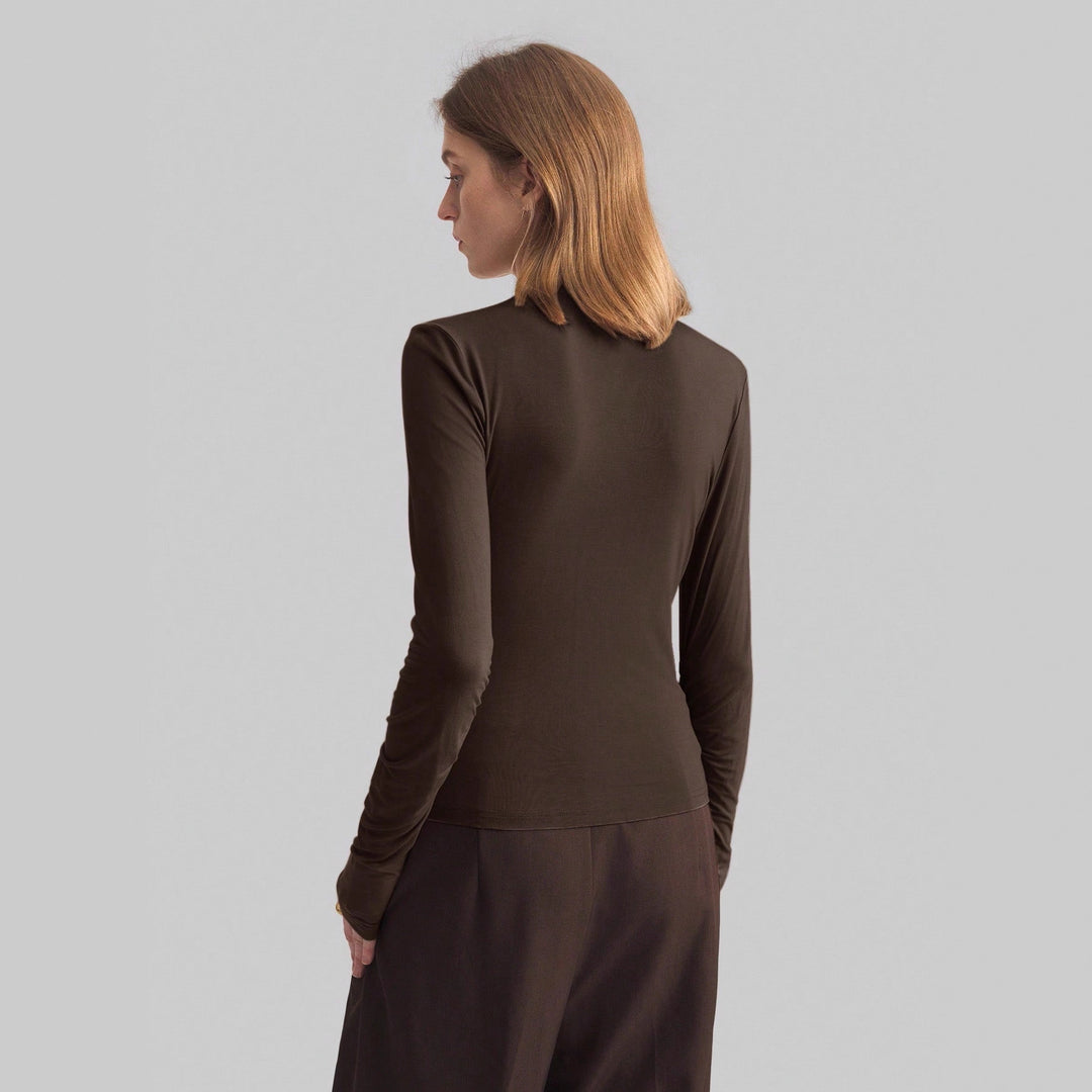 Damen nan schmal geschnittenes Langarmshirt mit asymmetrischer Drapierung und seitlicher Raffung Drune