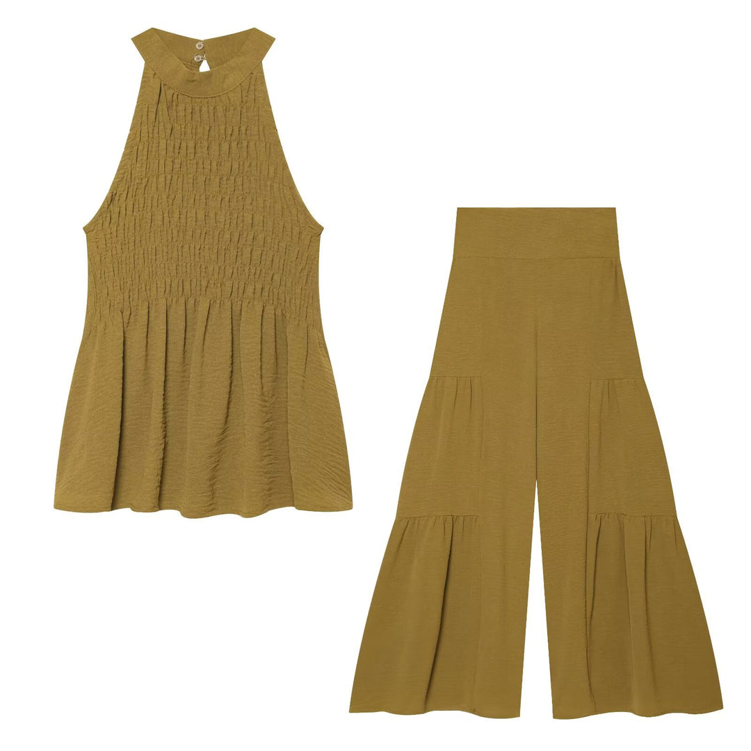 Damen Stufige Wide‑Leg Jersey‑Hose mit hoher Bundpassform und Volantdetails Drune
