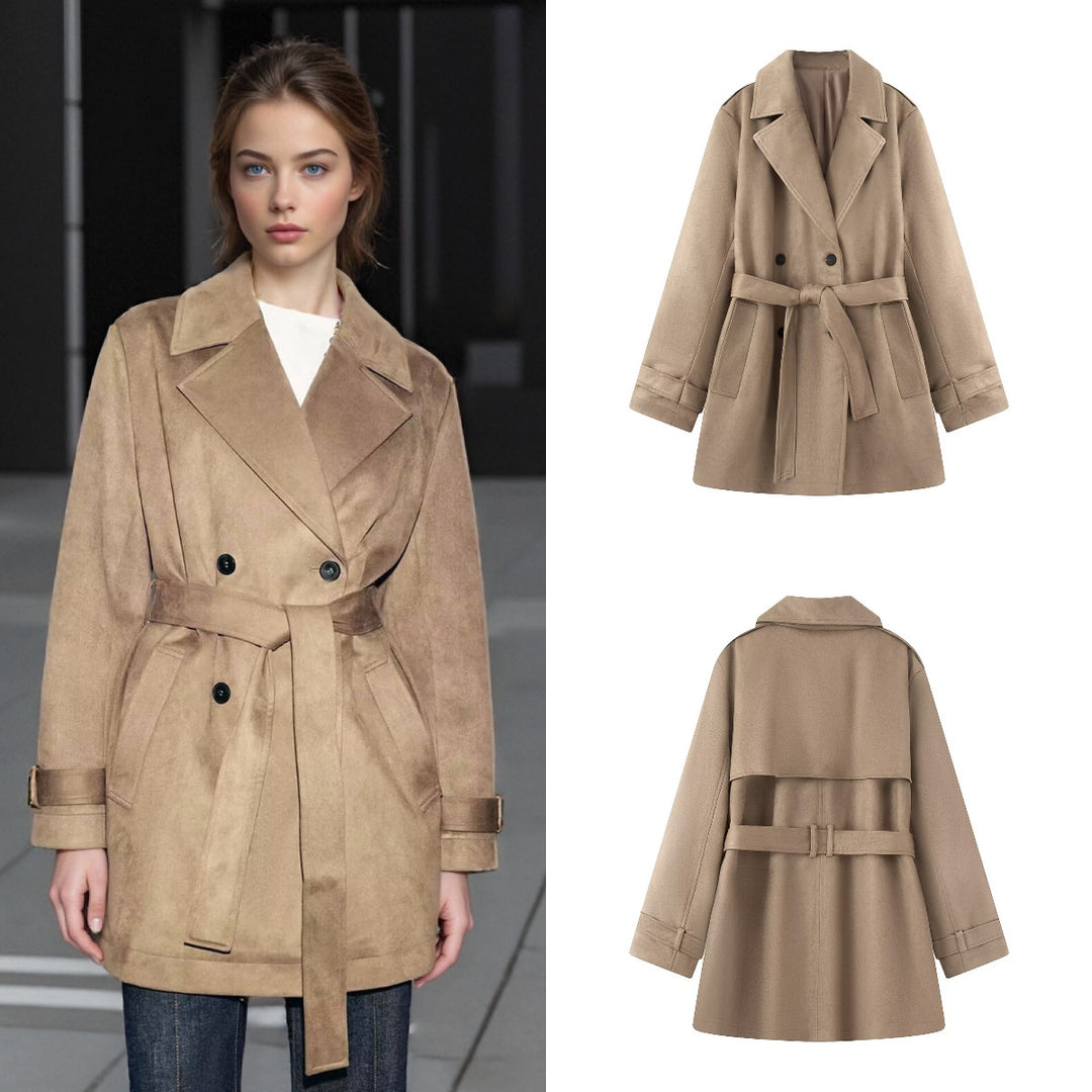 Damen Taillierter Wildlederoptik-Trenchcoat mit Bindegürtel und doppelreihiger Knopfleiste Drune