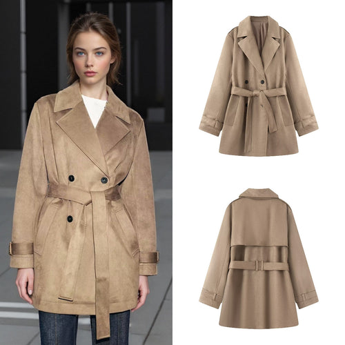 Damen Taillierter Wildlederoptik-Trenchcoat mit Bindegürtel und doppelreihiger Knopfleiste Drune