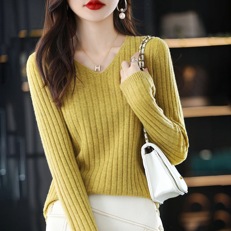 Damen Strickpullover mit feiner Rippenstruktur und V-Ausschnitt Drune