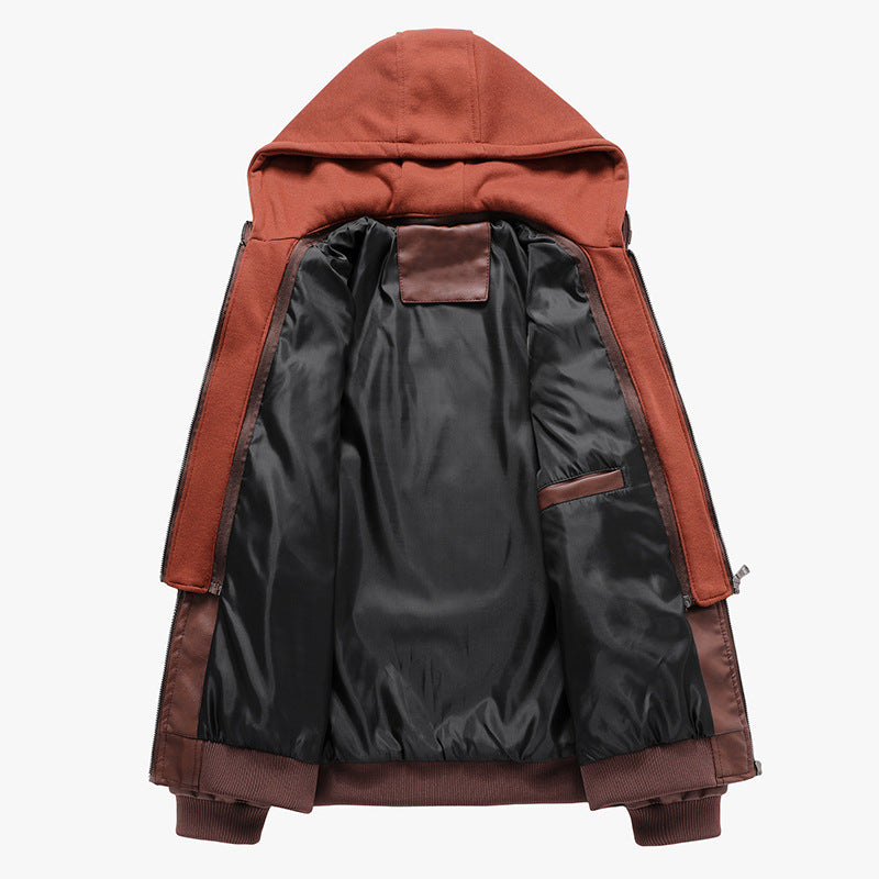 Herren Lederimitat-Fieldblouson mit innenliegendem Hoodie, Reißverschluss-Brusttaschen und Rippbündchen Drune