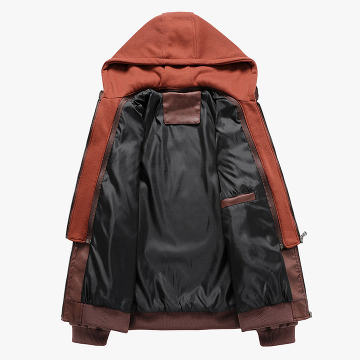 Herren Lederimitat-Fieldblouson mit innenliegendem Hoodie, Reißverschluss-Brusttaschen und Rippbündchen Drune