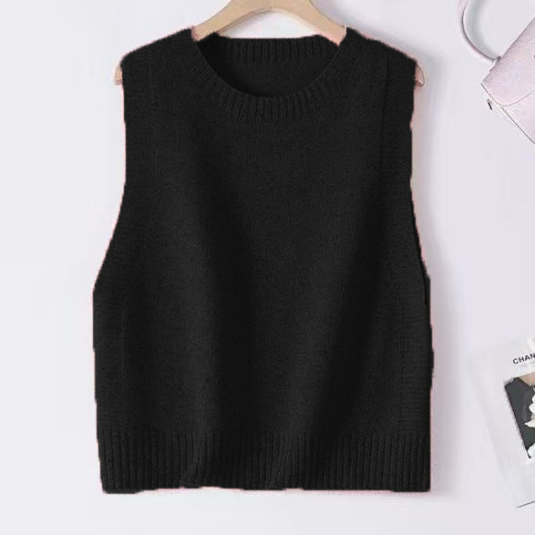 Damen Gestrickte Oversize-Ärmellose Weste mit Rundhalsausschnitt und Rippbündchen Drune