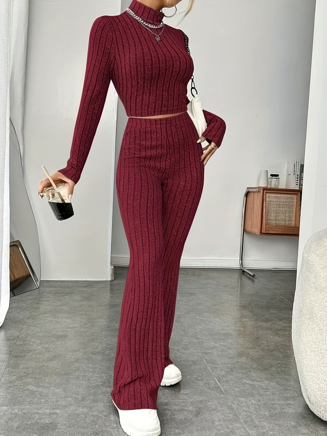 Damen Komfortables Zweiteiliges Strick-Loungewear-Set Drune