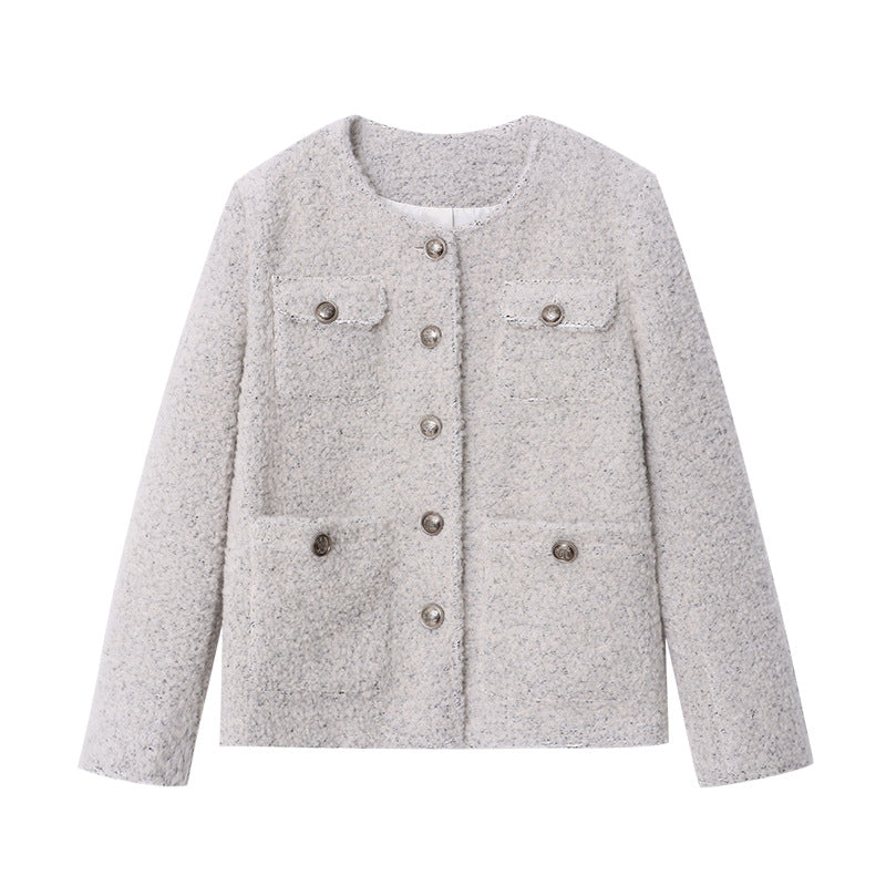 Damen lässige Wolljacke mit strukturiertem Obermaterial und luxuriösen Knöpfen Drune