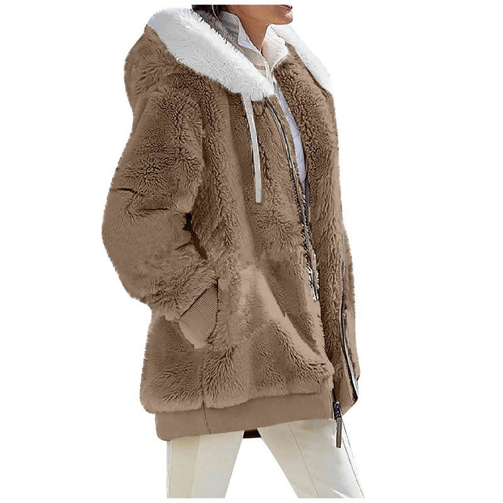 Damen Kuschelige Teddy-Kapuzenjacke mit Kontrastbesatz, Reißverschluss und Eingrifftaschen Drune