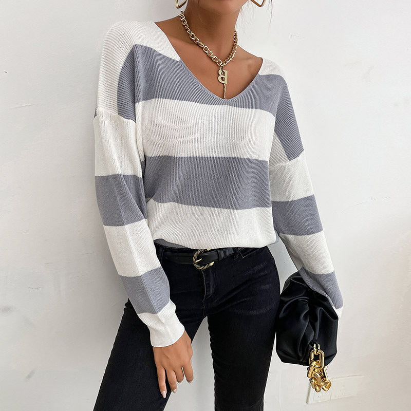 Damen Lässiger V-Ausschnitt Strickpullover mit breiten Streifen Drune