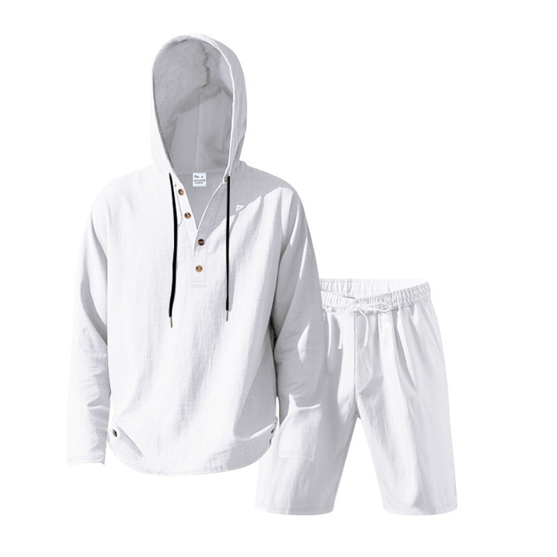 Herren nan Kapuzen-Henley-Loungewear-Set mit Leinenoptik, Kordelzug und elastischer Tunnelzugshorts Drune