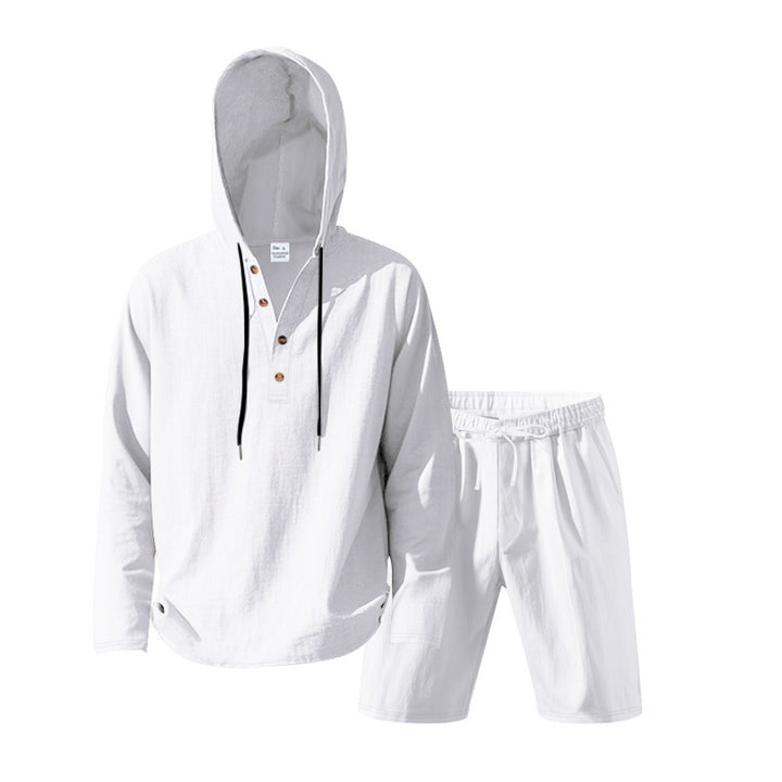 Herren nan Kapuzen-Henley-Loungewear-Set mit Leinenoptik, Kordelzug und elastischer Tunnelzugshorts Drune