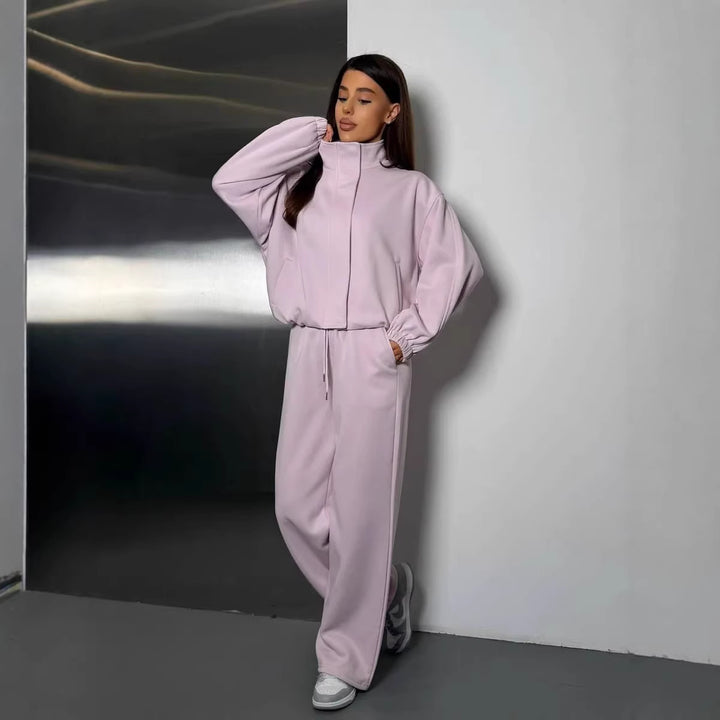 Damen gekürztes Reißverschluss-Hoodie mit Stehkragen und hochgeschnittener Kordel-Jogginghose Drune