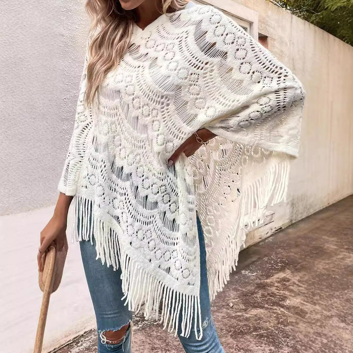Damen Strickponcho mit elegantem Fransen-Design Drune