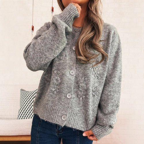 Damen lockerer Strickcardigan mit floralen Applikationen und Knopfdetails Drune