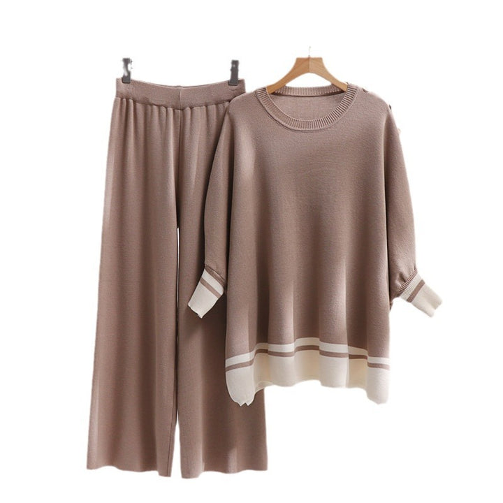 Damen lässiges Strick-Loungewear-Set mit modischem Kontrastsaum und weitem Schnitt Drune
