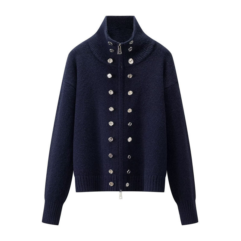 Damen Cropped Strickjacke mit hohem Stehkragen, Zierknopfleiste und Doppelreißverschluss Drune