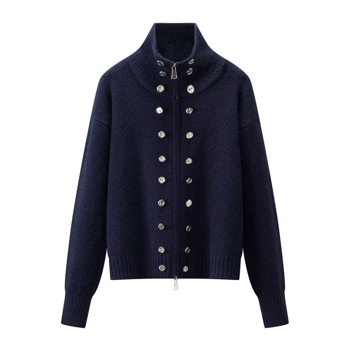 Damen Cropped Strickjacke mit hohem Stehkragen, Zierknopfleiste und Doppelreißverschluss Drune