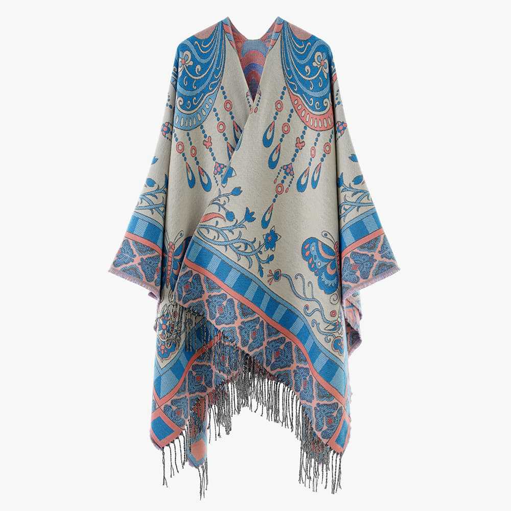 Damen Jacquard‑Gewebter Fransenponcho im Tapisserie‑Look Drune