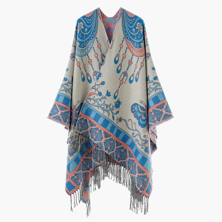 Damen Jacquard‑Gewebter Fransenponcho im Tapisserie‑Look Drune